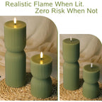 Olive Green Ribbed Flameless Pillar Candles With Remote Set Of 2 | 2 Aa Battery Powered, Flickering Led Decorative Candles, Home Shelf Table Decor, Real Wax Coating