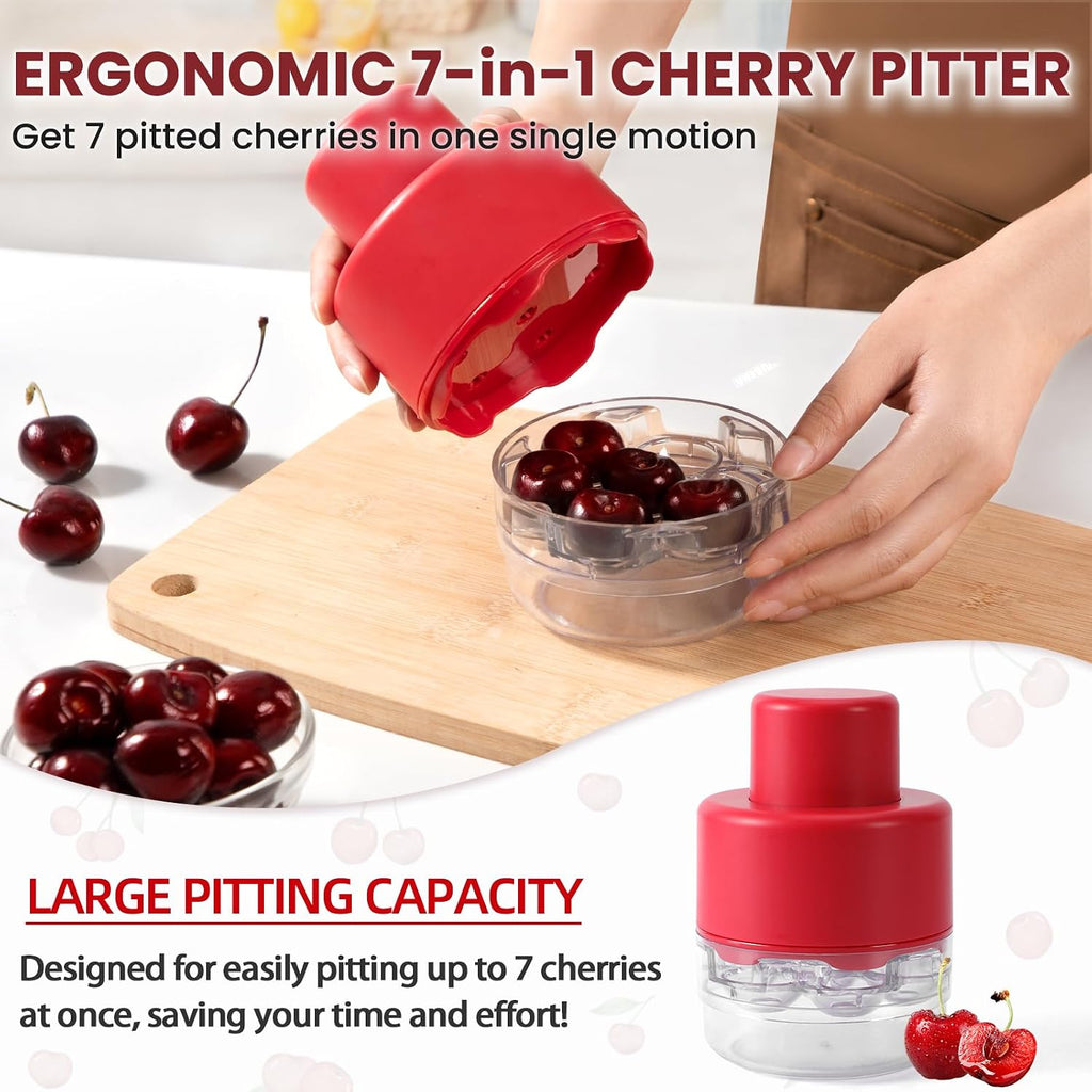 Schvubenr 7-In-1 Large Cherry Pitter Tool - Portable Cherry Corer Pitter With Ergonomic Push Design - Easy To Use For Making Cherry Jam - Pit 7 Cherries At Once, Saving Time & Effort - Red