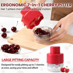 Schvubenr 7-In-1 Large Cherry Pitter Tool - Portable Cherry Corer Pitter With Ergonomic Push Design - Easy To Use For Making Cherry Jam - Pit 7 Cherries At Once, Saving Time & Effort - Red