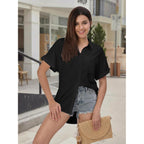 Womens Casual Button Down Shirt Short Sleeve Cotton Button Up Blouses Collared Summer Beach Tops Ladies Outfits