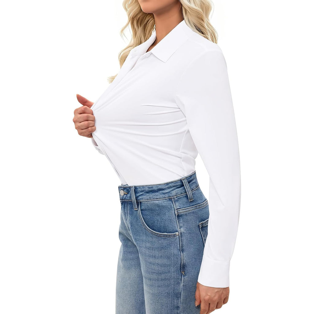 Aoudery Button Down Shirts For Women Slim Fit Long Sleeve Stretch Dress Shirts Work Shirt Wrinkle Free