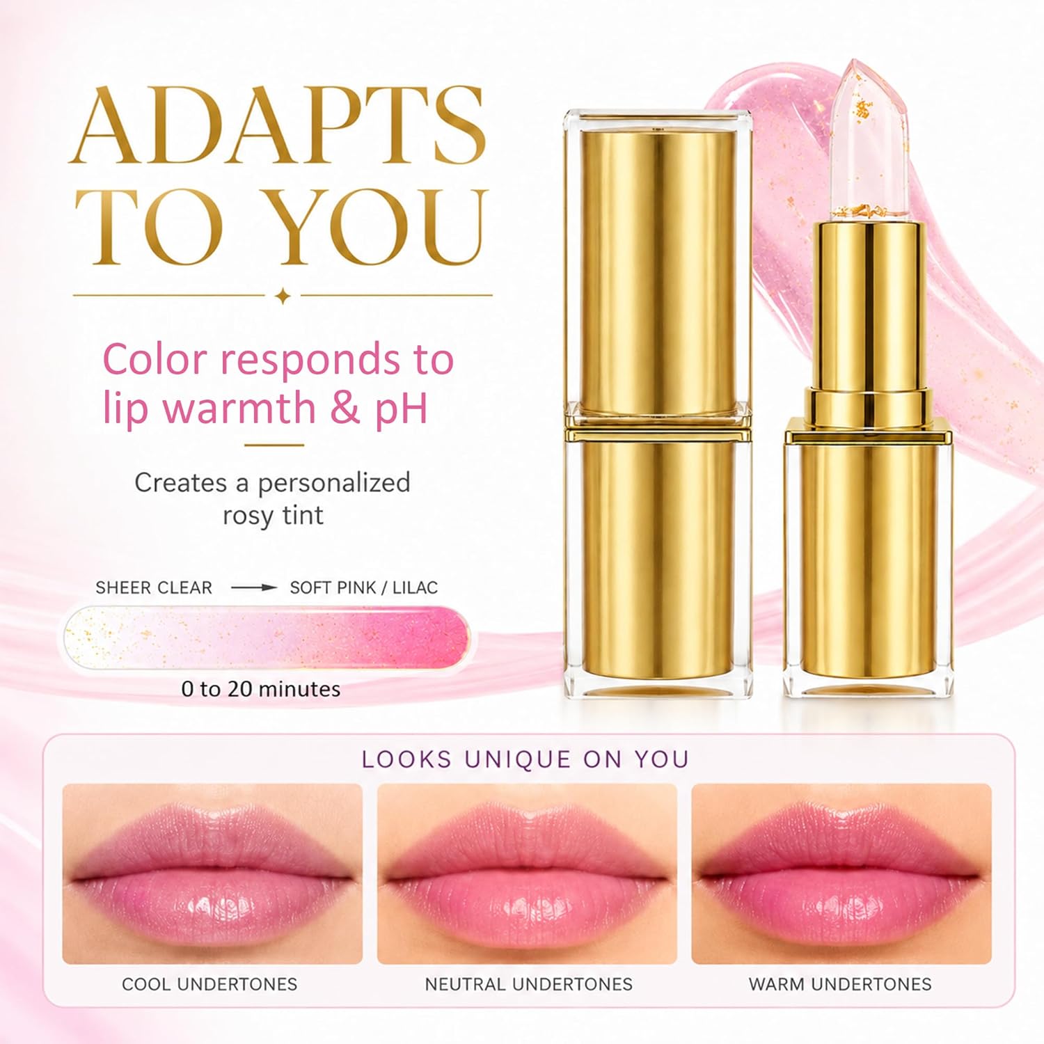 pH Color Changing Lipstick 2 Pack, pH Reactive Lip Tint with Glossy Finish, Clear Moisturizing Lip Balm, Personalized Pink Shade for Daily Makeup