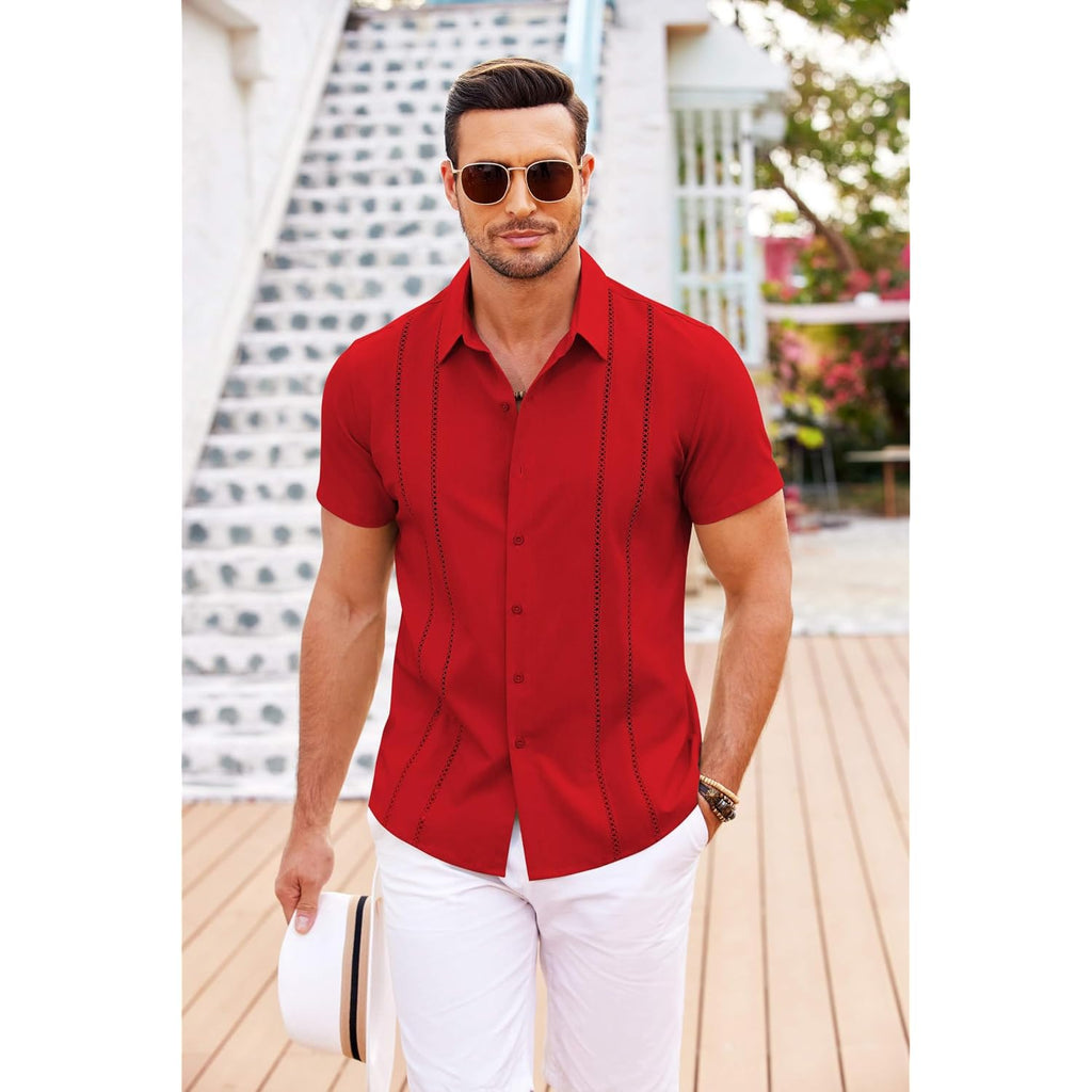 Coofandy Men'S Cuban Guayabera Shirt Short Sleeve Button Down Shirts Casual Summer Beach Linen Shirts