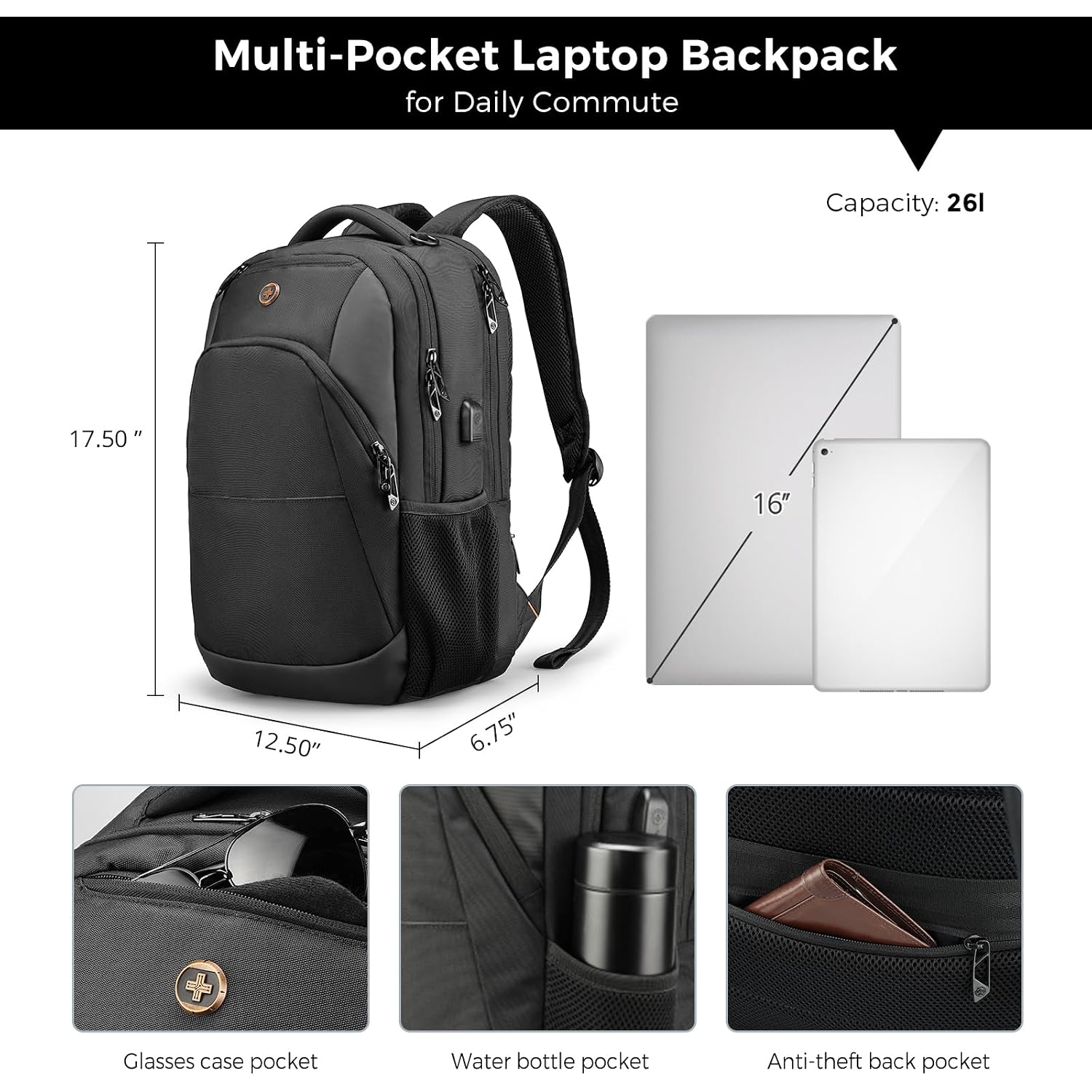 Swissdigital Design Backpack For Men & Women Fit 16 Inch Computer Sd1670-01 | Travel Laptop Backpack, College Bag, Business Backpack, With Usb Charging Port, Rfid Protetion Pocket, Water Bottle, Black