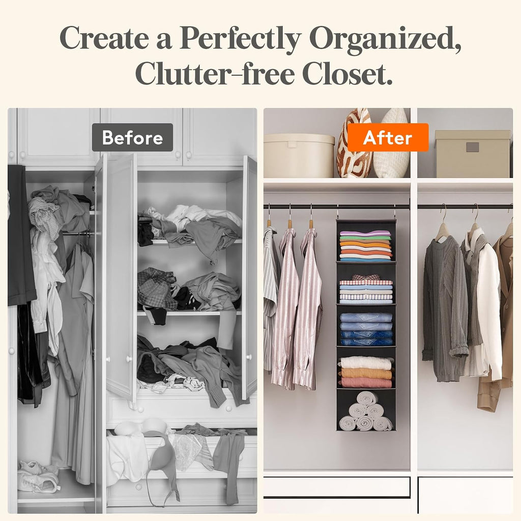 Lifewit 5 Tier Hanging Closet Organizer And Storage For Shelves, Foldable Clothes Shelf With 2 Sturdy Hooks, Sweater/Coat/Shoes Clothing Organization For Wardrobe, Dorm, Bedroom, Gray