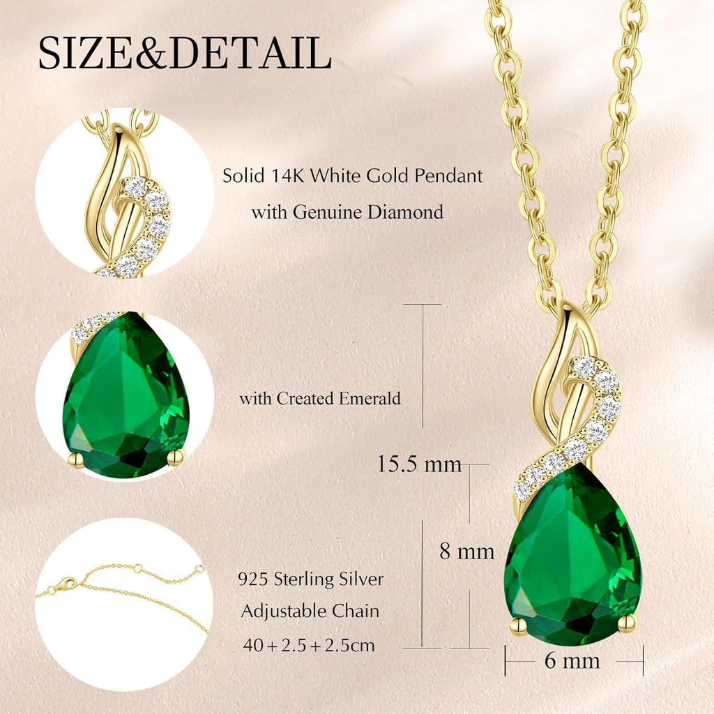 FANCIME 14K Solid Yellow Gold Teardrop Pendant with Diamond Birthstone Necklace Birthday Gifts for Mom Women, Sterling Silver Chain 16" + 2" Extender