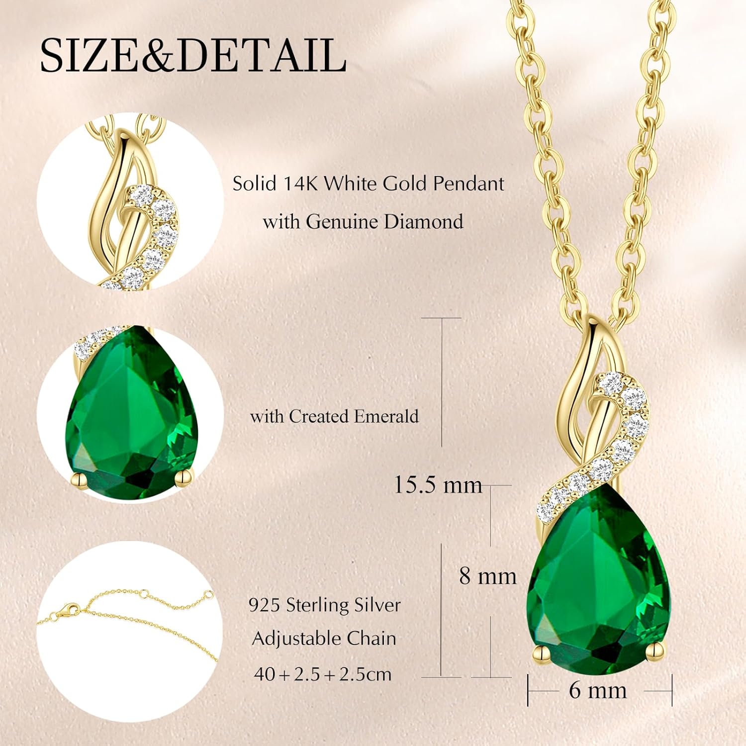 FANCIME 14K Solid Yellow Gold Teardrop Pendant with Diamond Birthstone Necklace Birthday Gifts for Mom Women, Sterling Silver Chain 16" + 2" Extender
