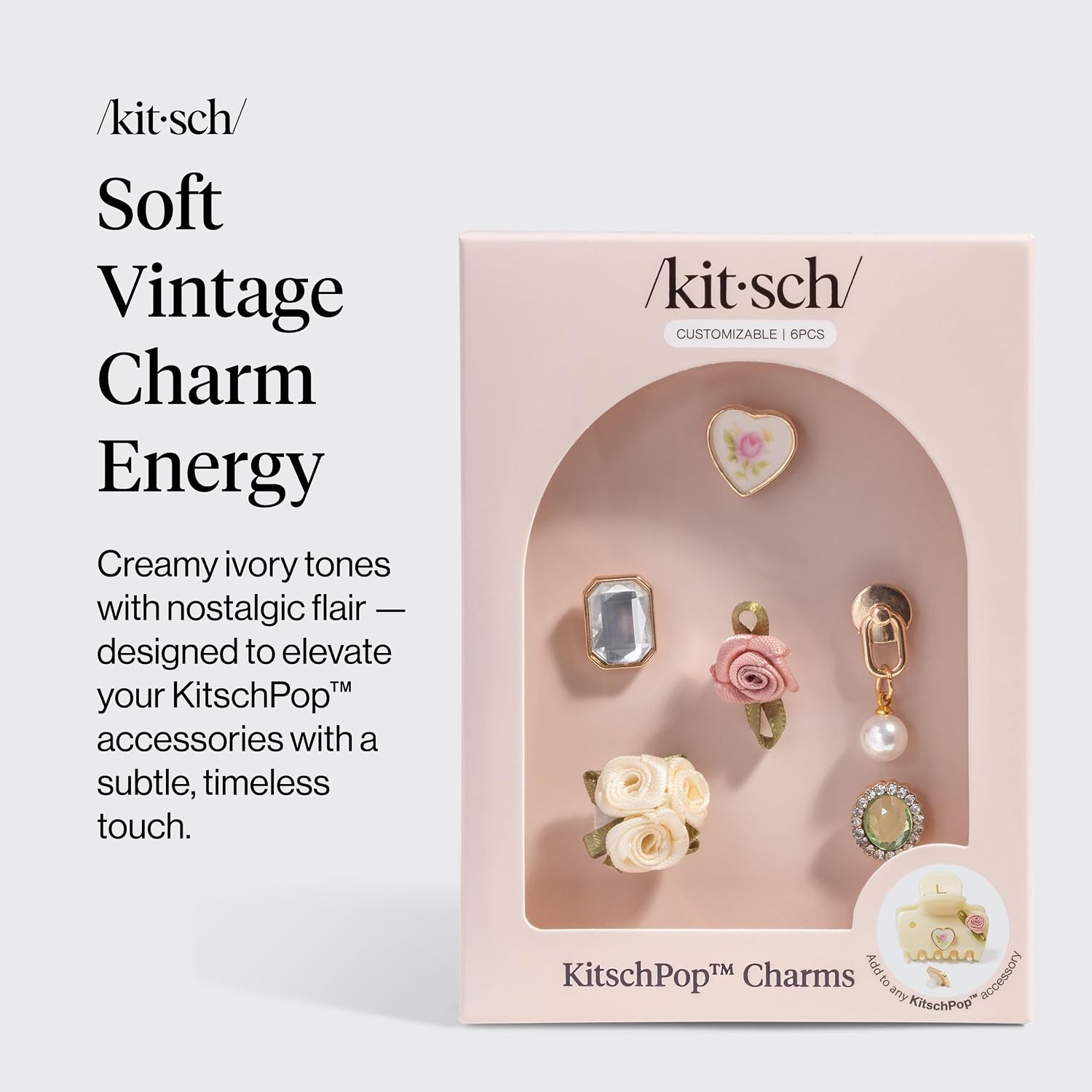 Kitschpop™Charm Sets – Interchangeable Charms For Hair Clips, Hair Brushes | Durable Assorted Cute Charms | Compatible With Kitschpop™ Hair Accessories - Vintage Ivory, 6Pcs