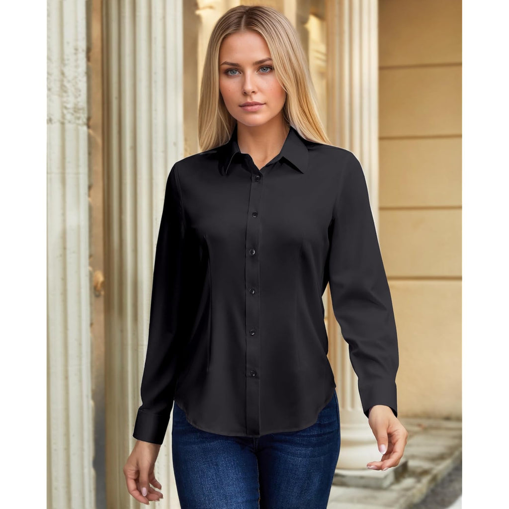 Dress Shirts For Women Long Sleeve Button Down Shirt Stretch Wrinkle Free Solid Casual Work Office Blouse Top