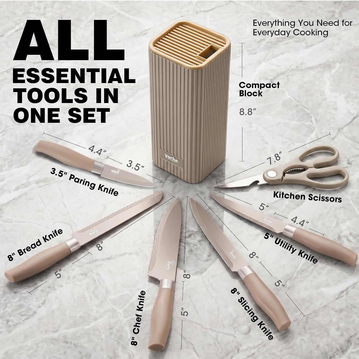 Knife Set, Kitchen Knife Set With Block, 7 Pcs Compact Knife Set, Knife Block Set Space Saving Stainless Steel Kitchen Knives With Scissors For Small Kitchens, Apartment & Everyday Cooking