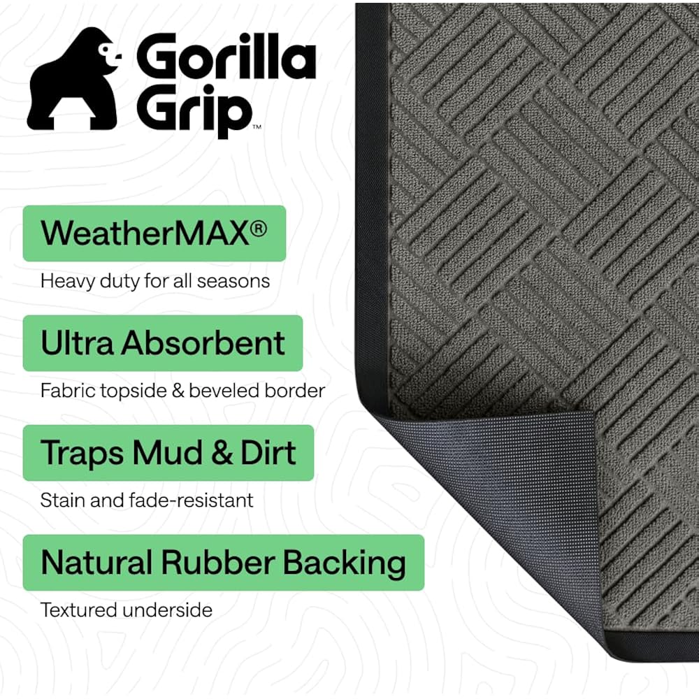 Gorilla Grip 100% Waterproof All-Season Weathermax Doormat Us Designed Natural Rubber, Stain Fade Resistant, Low Profile Indoor Outdoor Door Mats, Easy Clean, 29X17 Gray Diamond