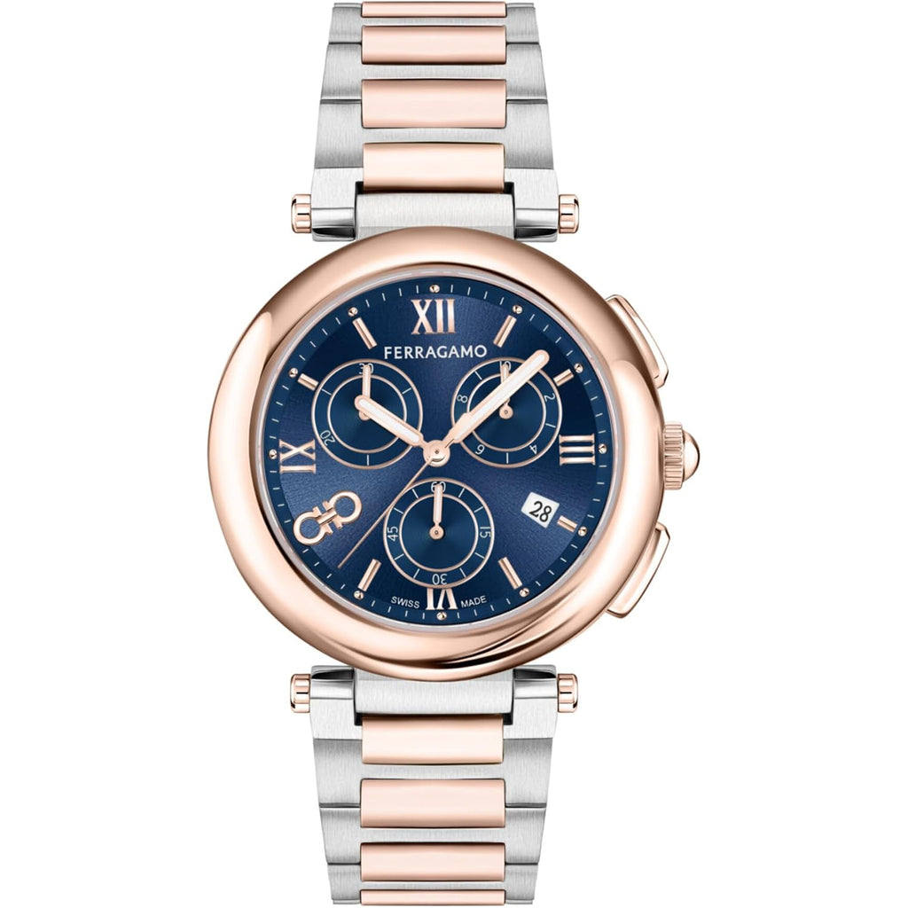 Ferragamo Legacy Collection Luxury Womens Watch Timepiece With A Two Tone Bracelet Featuring A Two Tone Case And Blue Dial