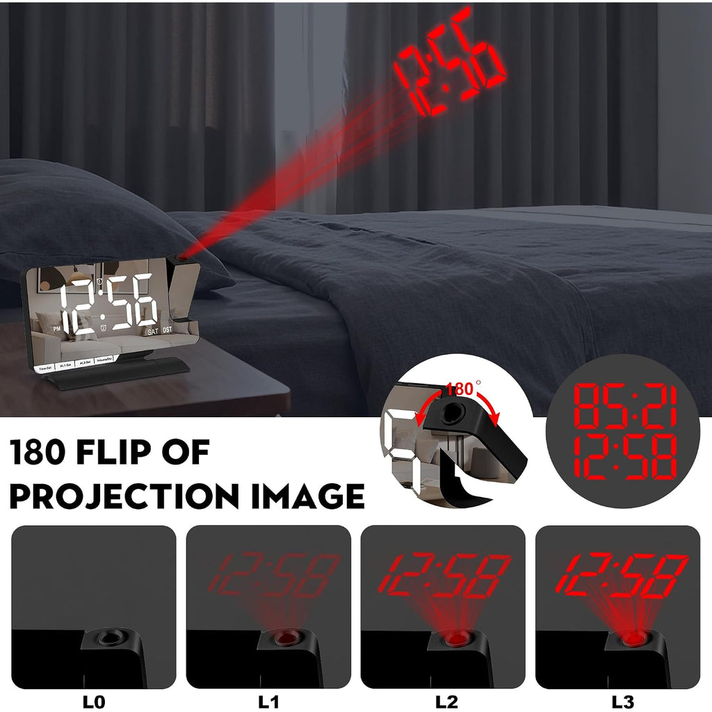 Digital Clock,Alarm Clock Bedside With Projection,7.3" Mirror Clock With 180°Rotating Projector,Dual Alarm With 3 Mode,Brightnee Adjust,Dst,Snooze,Charging Port,5 Levels Volume For Desk Teens