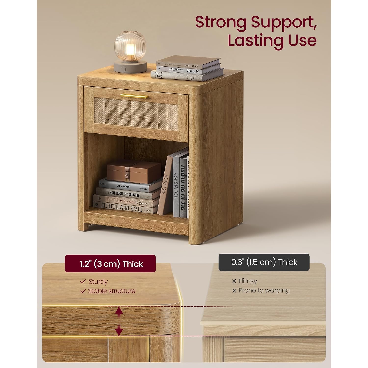 Vasagle Ellan Collection - Boho Nightstands With Rattan-Look Drawer, Set Of 2 Accent Side End Tables With Open Compartment, Rounded Corners, For Bedroom Bedside, Natural Brown Ulet818Kc01