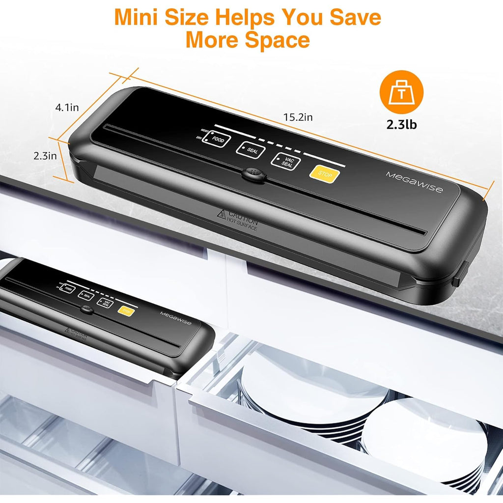 MegaWise Vacuum Sealer Machine | 80kPa Suction Power| Bags and Cutter Included | Compact One-Touch Automatic Food Sealer with External Vacuum System | Dry Moist Fresh Modes for All Saving needs