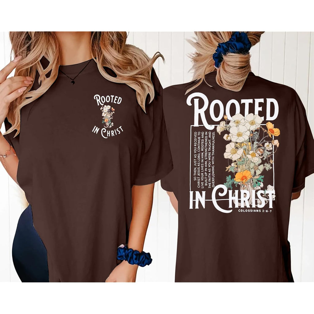 Rooted in Christ Shirt Christian Shirts for Women Jesus Oversized Tshirt Bible Verse Graphics Tees Tops Brown