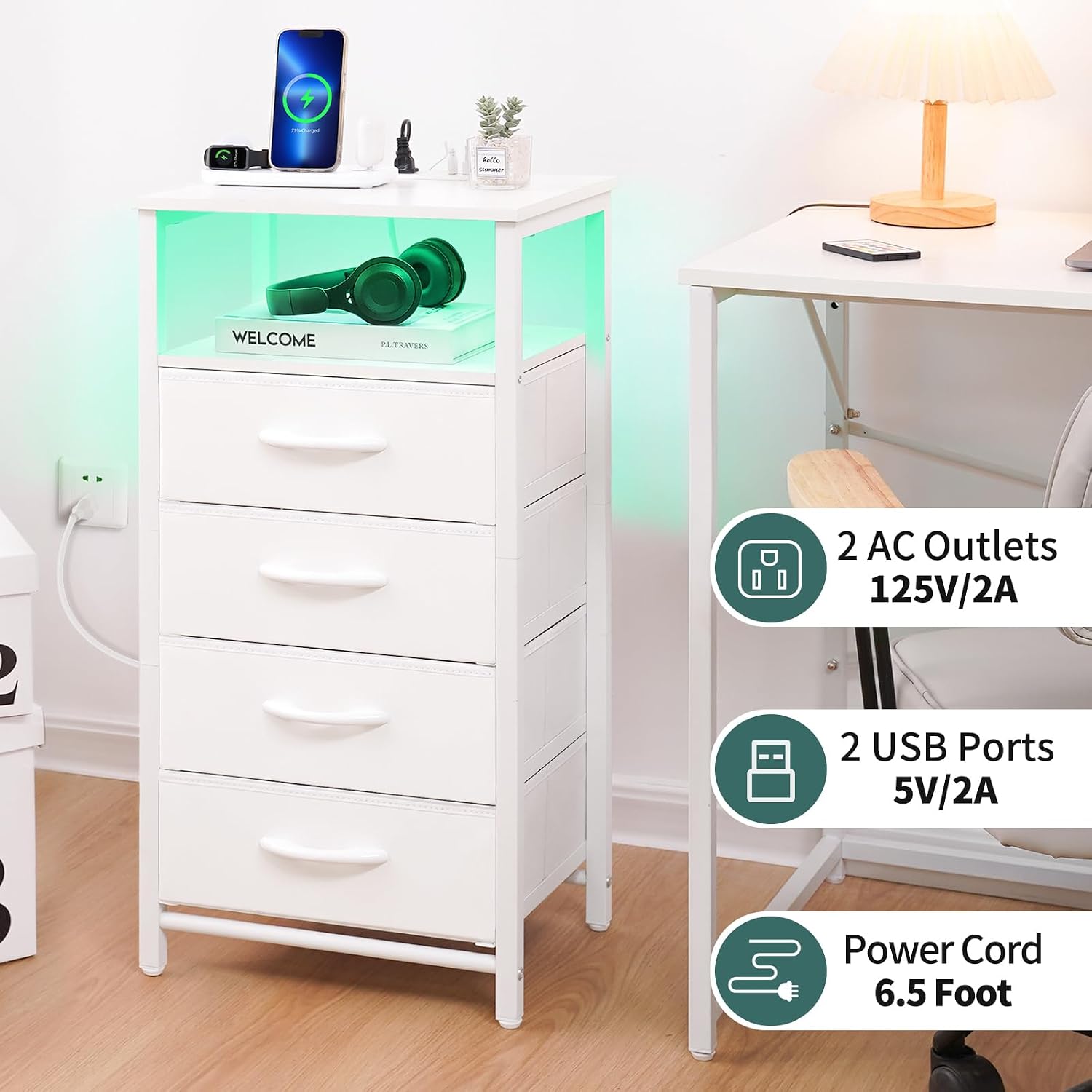 Yoobure Night Stand - Led White Nightstand With Charging Station, Bedside Table With 4 Storage Drawers And Storage Shelf, End Table With Usb Ports And Outlets, Tall Nightstand For Bedroom