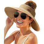 FURTALK Sun Hats for Women Wide Brim Beach Hat Straw Visor Ponytail Summer UV Packable Foldable Beach Vacation Essentials