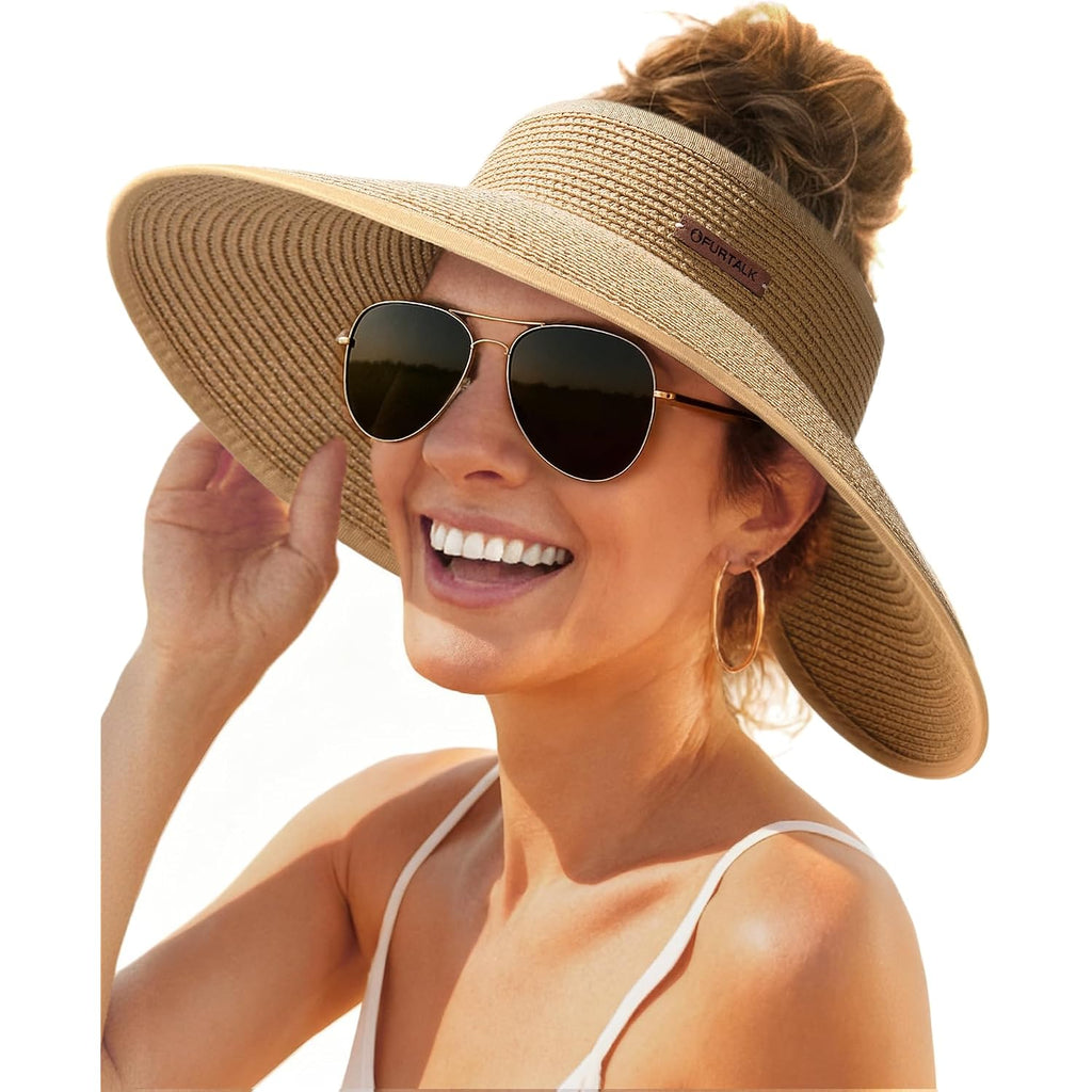 FURTALK Sun Hats for Women Wide Brim Beach Hat Straw Visor Ponytail Summer UV Packable Foldable Beach Vacation Essentials Khaki