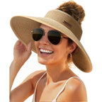 FURTALK Sun Hats for Women Wide Brim Beach Hat Straw Visor Ponytail Summer UV Packable Foldable Beach Vacation Essentials Khaki