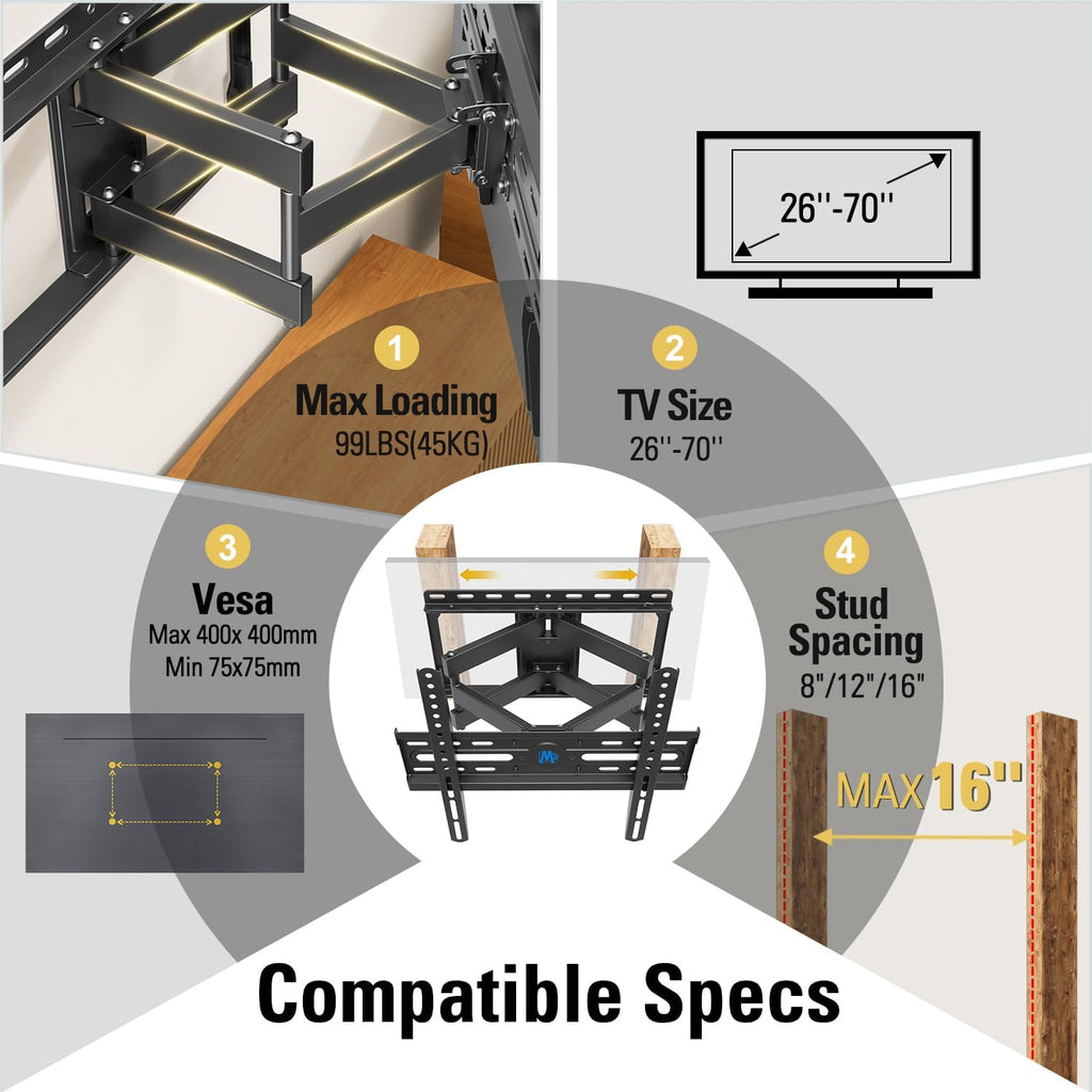 Mounting Dream Tv Wall Mount For 32-70 Inch Television,Mount With Swivel And Tilt, Full Motion Bracket With Articulating Dual Arms, Fits 16Inch Studs, Max Vesa 400X400 Mm, 99Lbs, Md2380