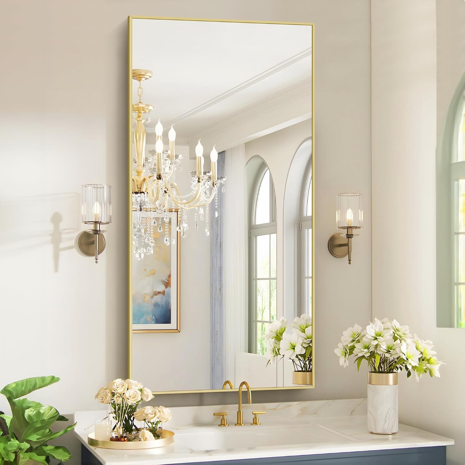 Cofeny 48X24In Gold Bathroom Mirror For Wall, Brushed Gold Rectangle Mirrors With Metal Frame, Bathroom Rectangular Mirror Modern Wall Mirror For Bedroom Living Room, Hangs Horizontal Or Vertical