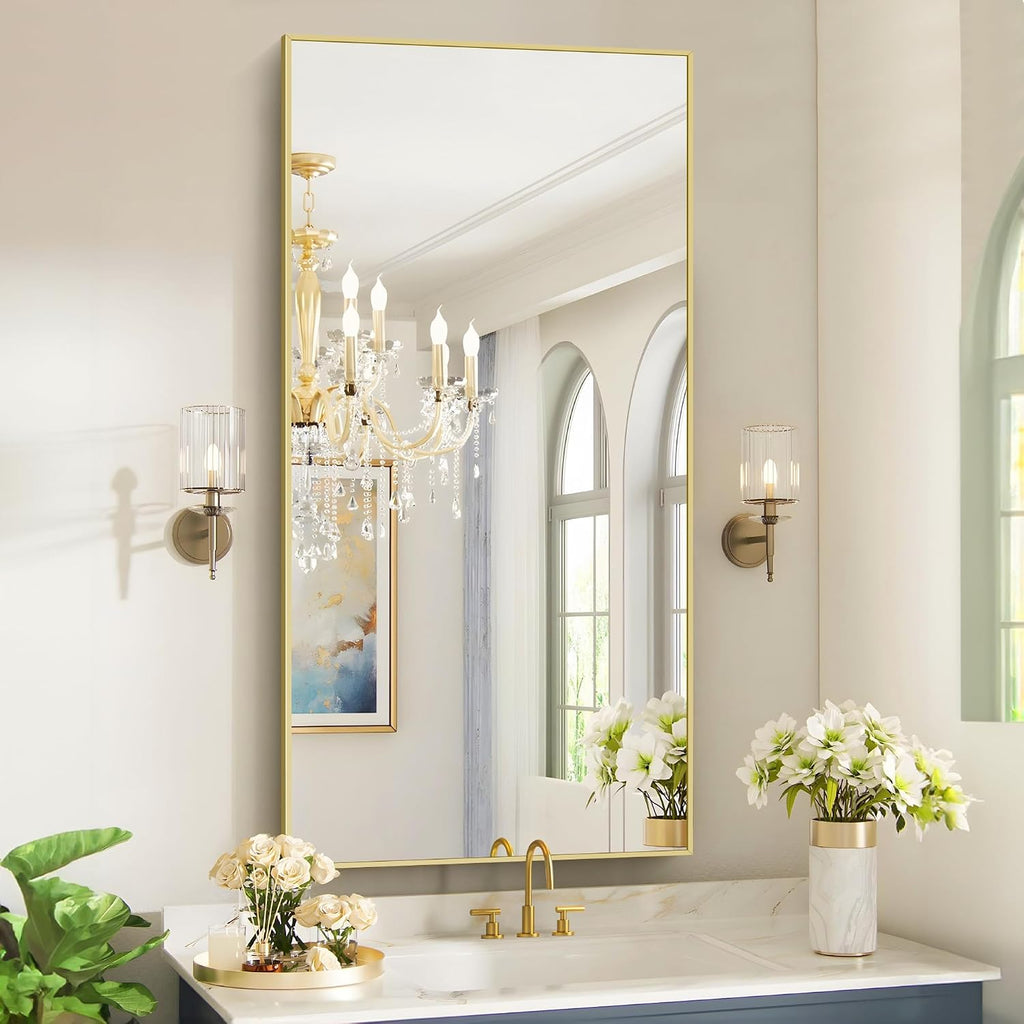 Cofeny 48X24In Gold Bathroom Mirror For Wall, Brushed Gold Rectangle Mirrors With Metal Frame, Bathroom Rectangular Mirror Modern Wall Mirror For Bedroom Living Room, Hangs Horizontal Or Vertical