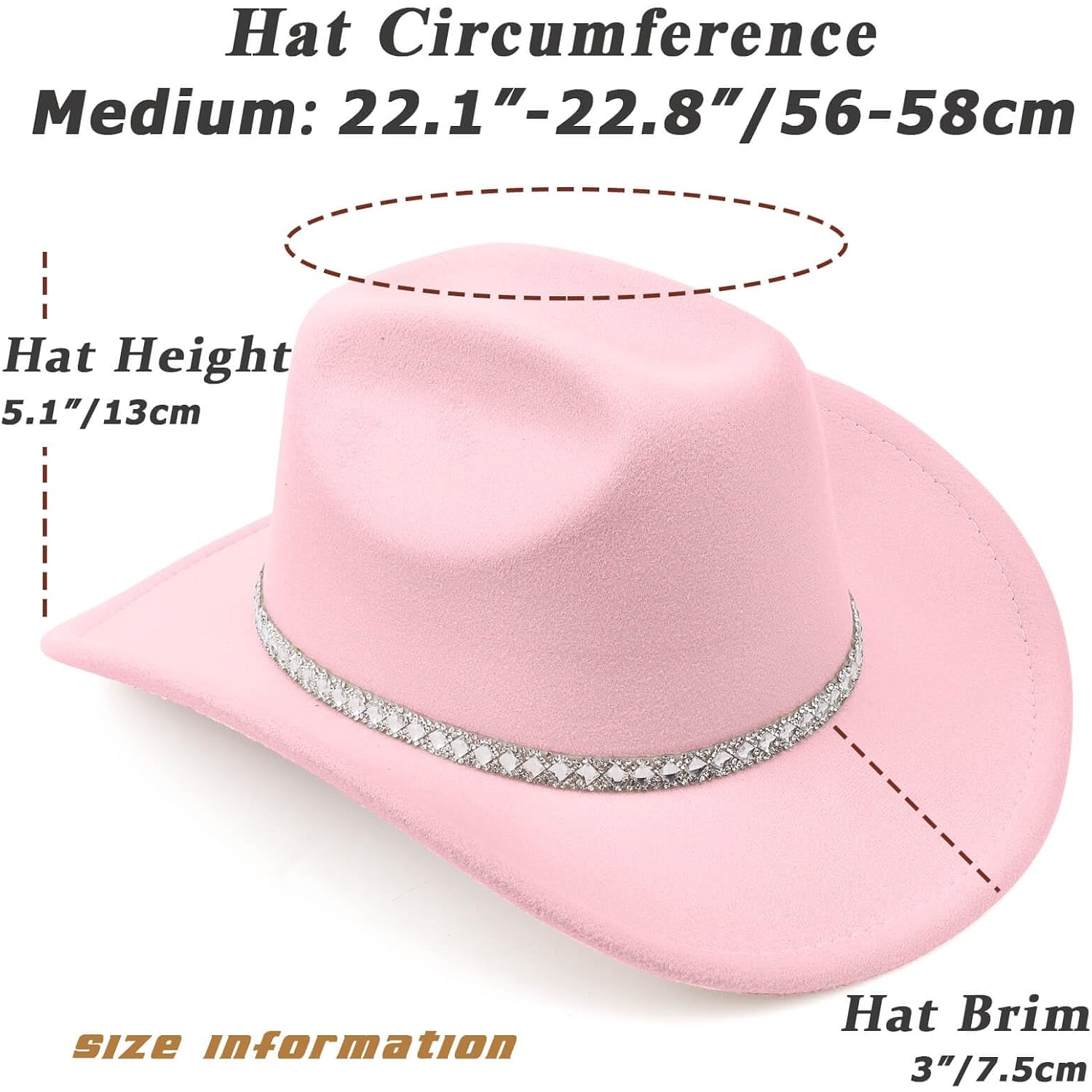 DRESHOW Western Cowboy Hat for Women and Men Wide Brim Glitter Cowboy Cowgirl Hat with Rhinestone Felt Fedora Hats 1 Pack Style 10: Light Pink