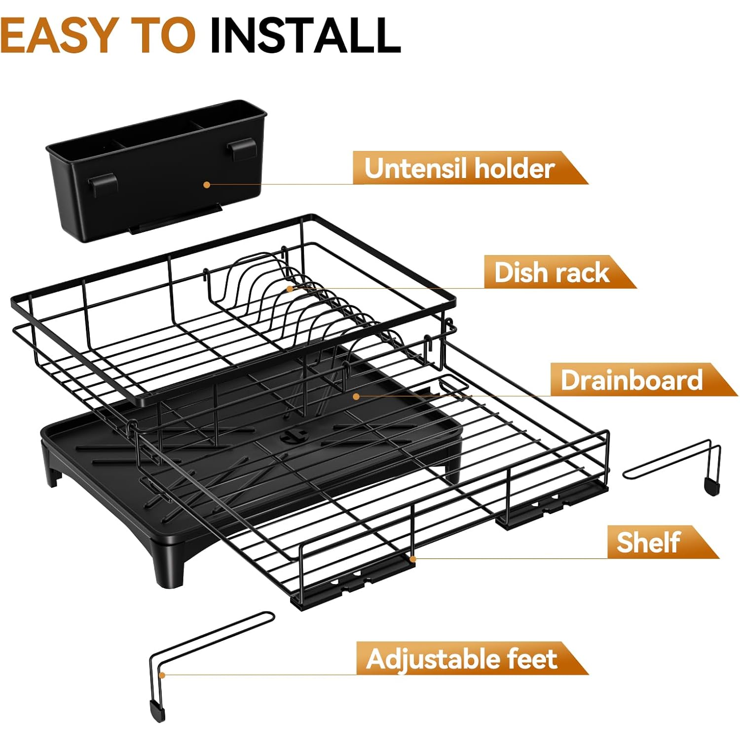 Laveshop Dish Drying Rack - Expandable Rack, Large Capacity Dish Drainer For Kitchen Counter, Rust-Proof With Utensil Holder, Black