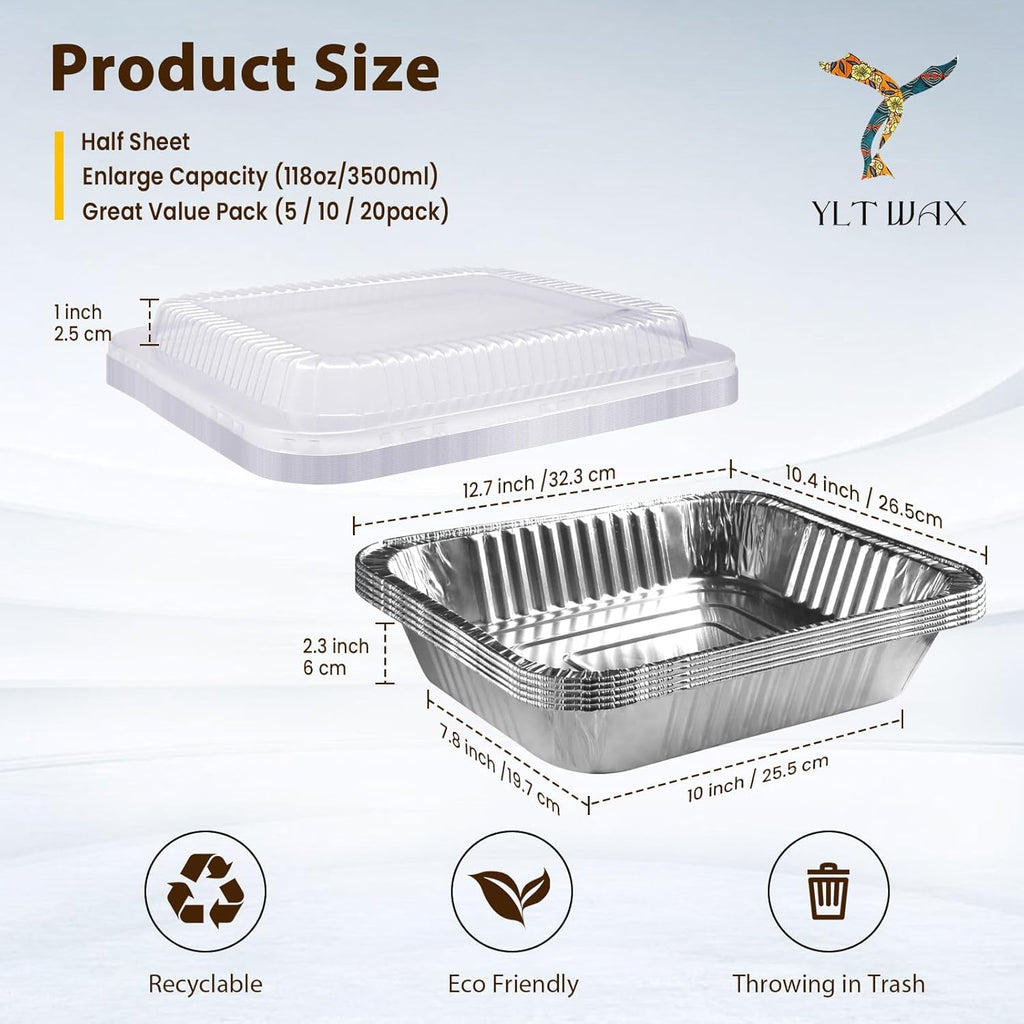 YLT WAX 9x13 Disposable Aluminum Foil Pans with Clear Lids (10 Pack), Durable Half Size Deep Extra Heavy Duty Food Containers for Baking, Cooking, Roasting, Heating or Steam Table