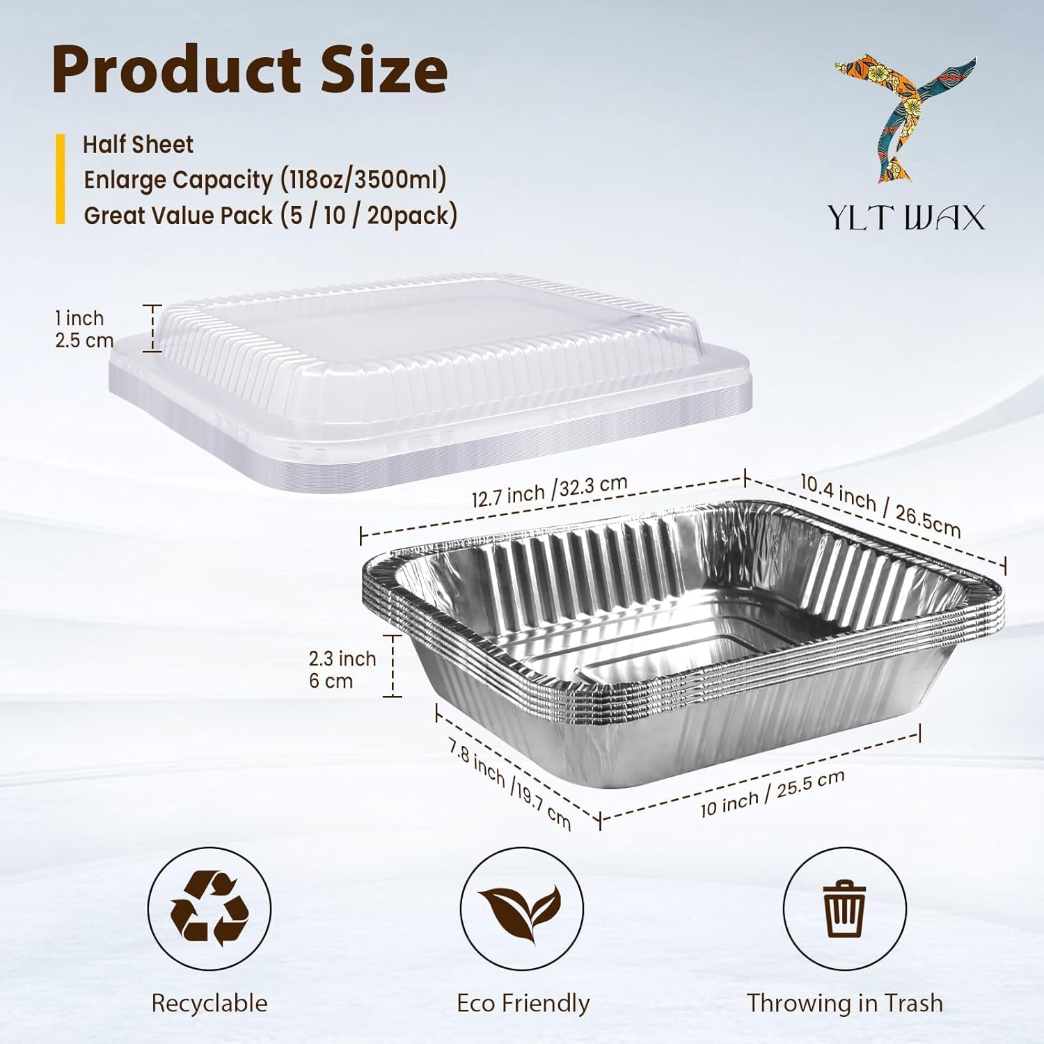 YLT WAX 9x13 Disposable Aluminum Foil Pans with Clear Lids (10 Pack), Durable Half Size Deep Extra Heavy Duty Food Containers for Baking, Cooking, Roasting, Heating or Steam Table