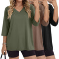 3 Pack Oversized 3/4 Length Sleeve Tops for Women Dressy Casual V Neck Basic Tees Loose Fit Cotton T Shirts