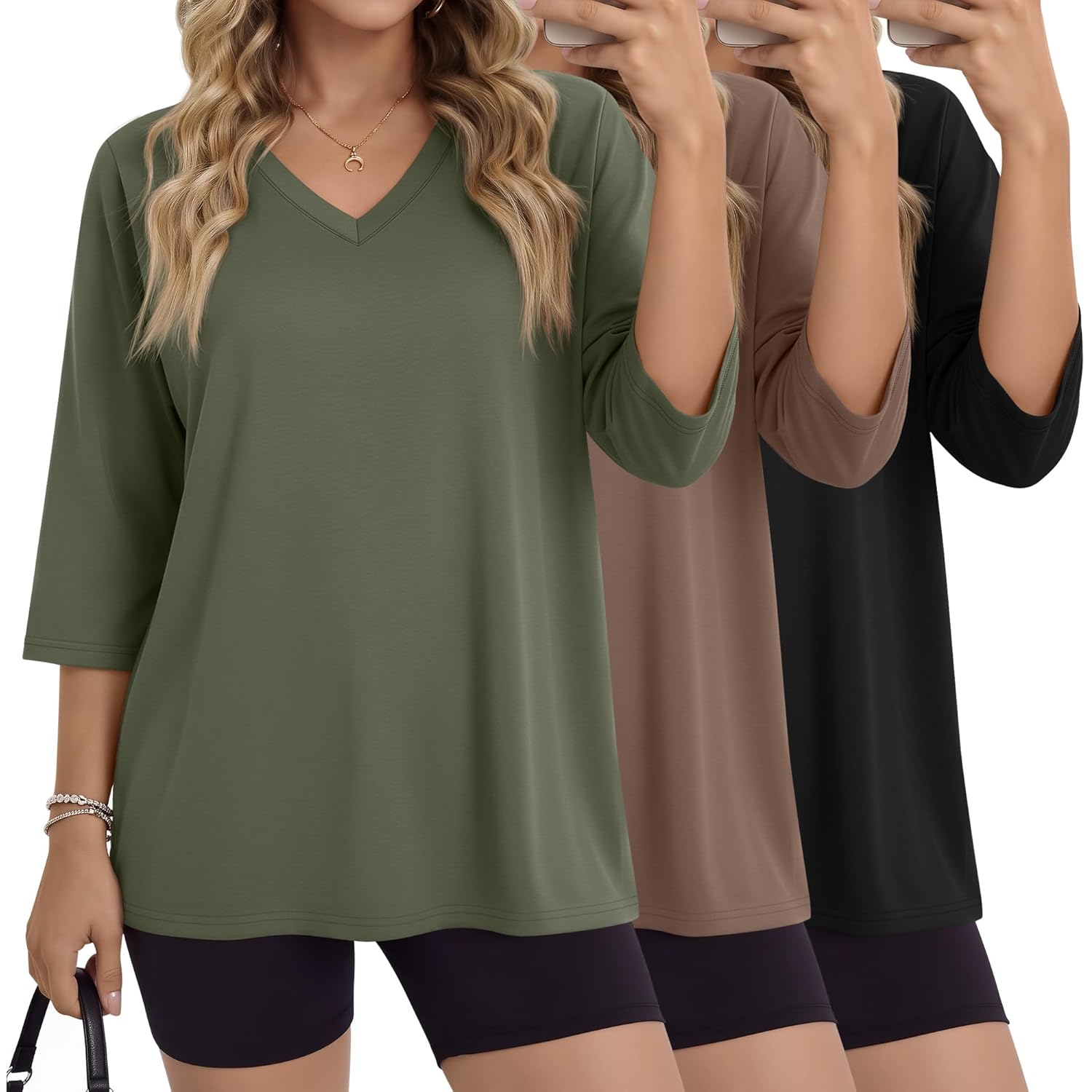 3 Pack Oversized 3/4 Length Sleeve Tops for Women Dressy Casual V Neck Basic Tees Loose Fit Cotton T Shirts