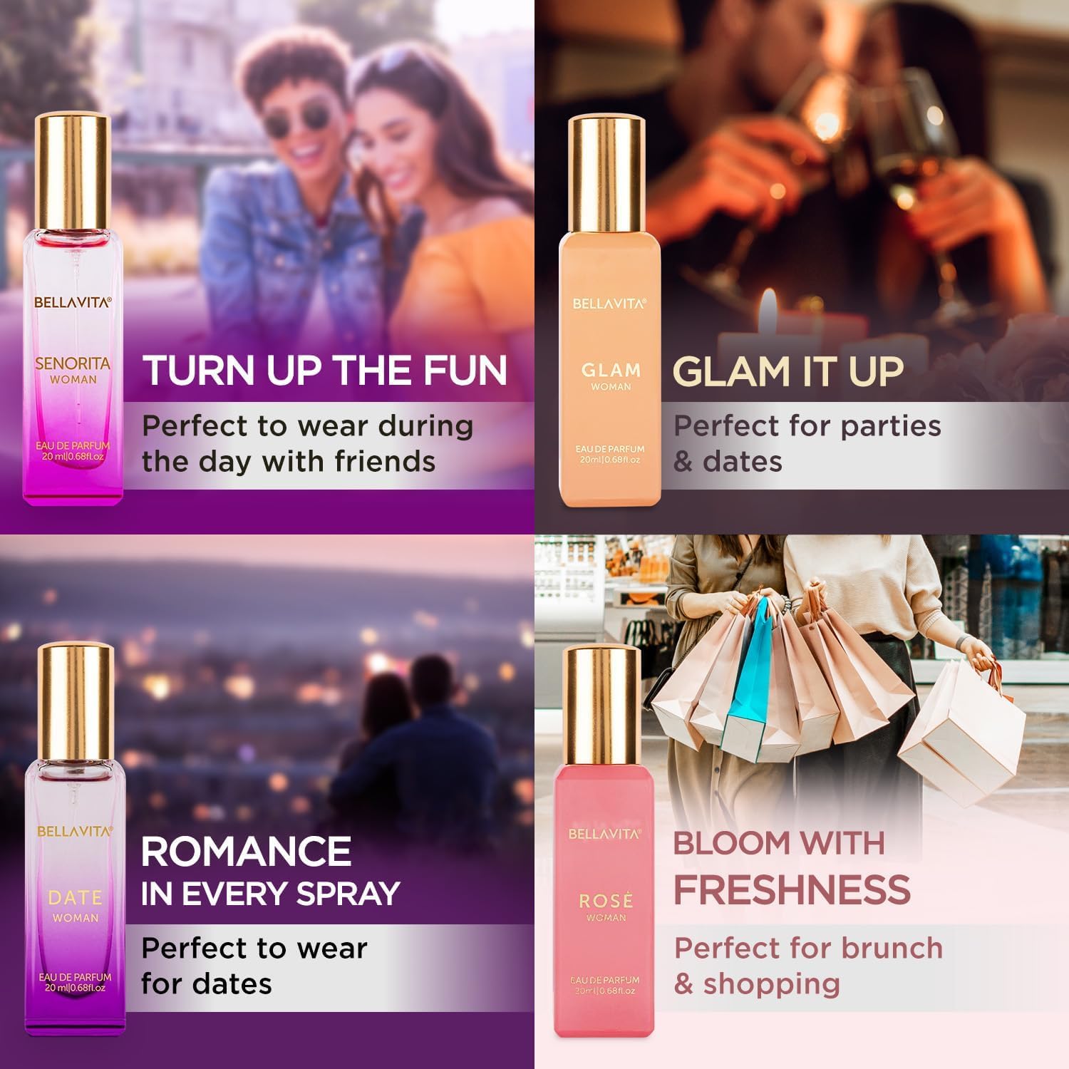 Bellavita Luxury Women's Perfume Gift Set with Rose, Senorita, Date, and Glam | 80ml | Perfume for Women | Pink Pepper, Yuzu, Floral Peach, and African Orange Notes | Long Lasting Women's Fragrance