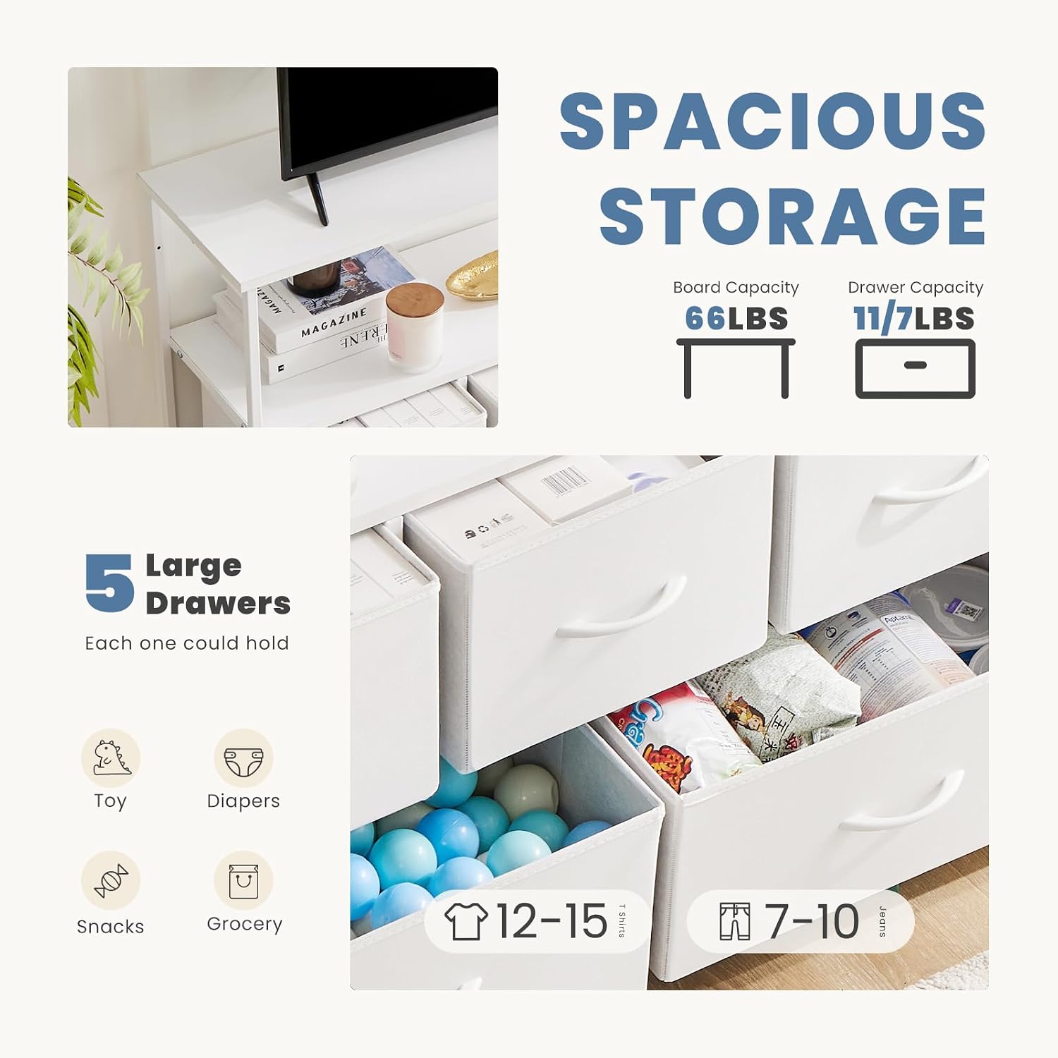 Dumos Tv Stand, Dresser With 5 Fabric Storage Drawers, Media Console Featuring Open Shelf For Tv, Compact Entertainment Unit For Bedroom, Living Space, Or Dorm Organization, White
