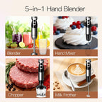 Megawise Pro Titanium Reinforced 5-In-1 Immersion Hand Blender, Powerful Motor With 80% Sharper Blades, 12-Speed Corded Blender, Including 500Ml Chopper, 600Ml Beaker, Whisk And Milk Frother (Black)
