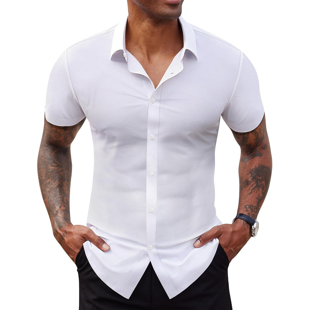Stretch Dress Shirts For Men Short Sleeve Slim Fit Casual Button Down Shirts Muscle Fit Men'S Dress Shirts