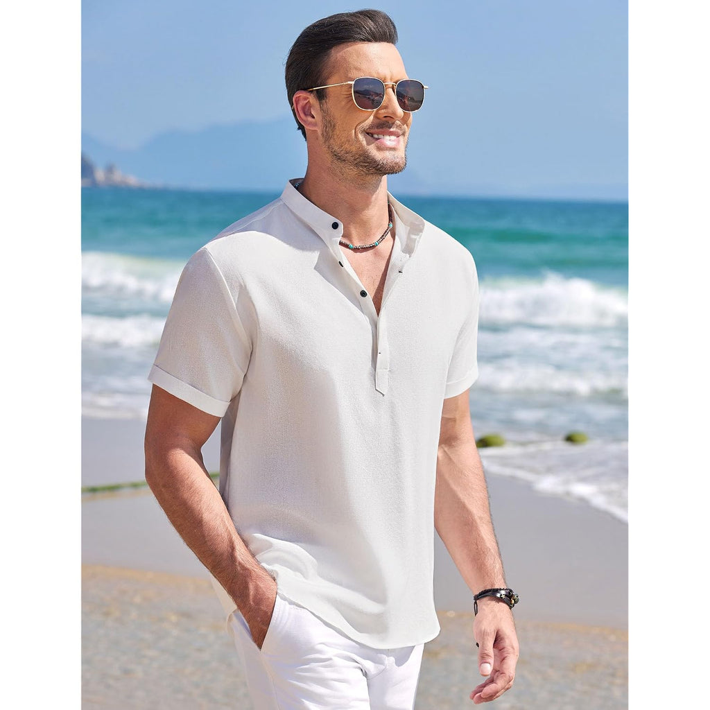 Coofandy Men'S Linen Henley Shirt Short Sleeve Casual Summer Beach Hippie T Shirts