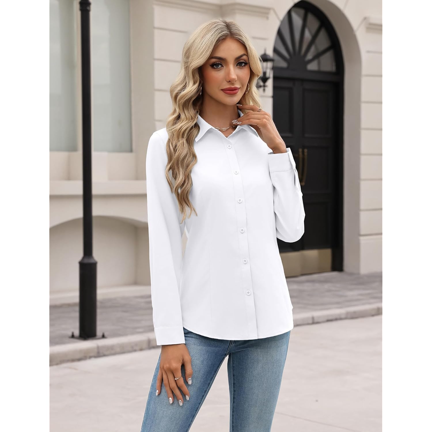 Women Button Down Shirts Long Sleeve Stain Shield Dress Shirts Slim fit Work Blouses Office Business Tops