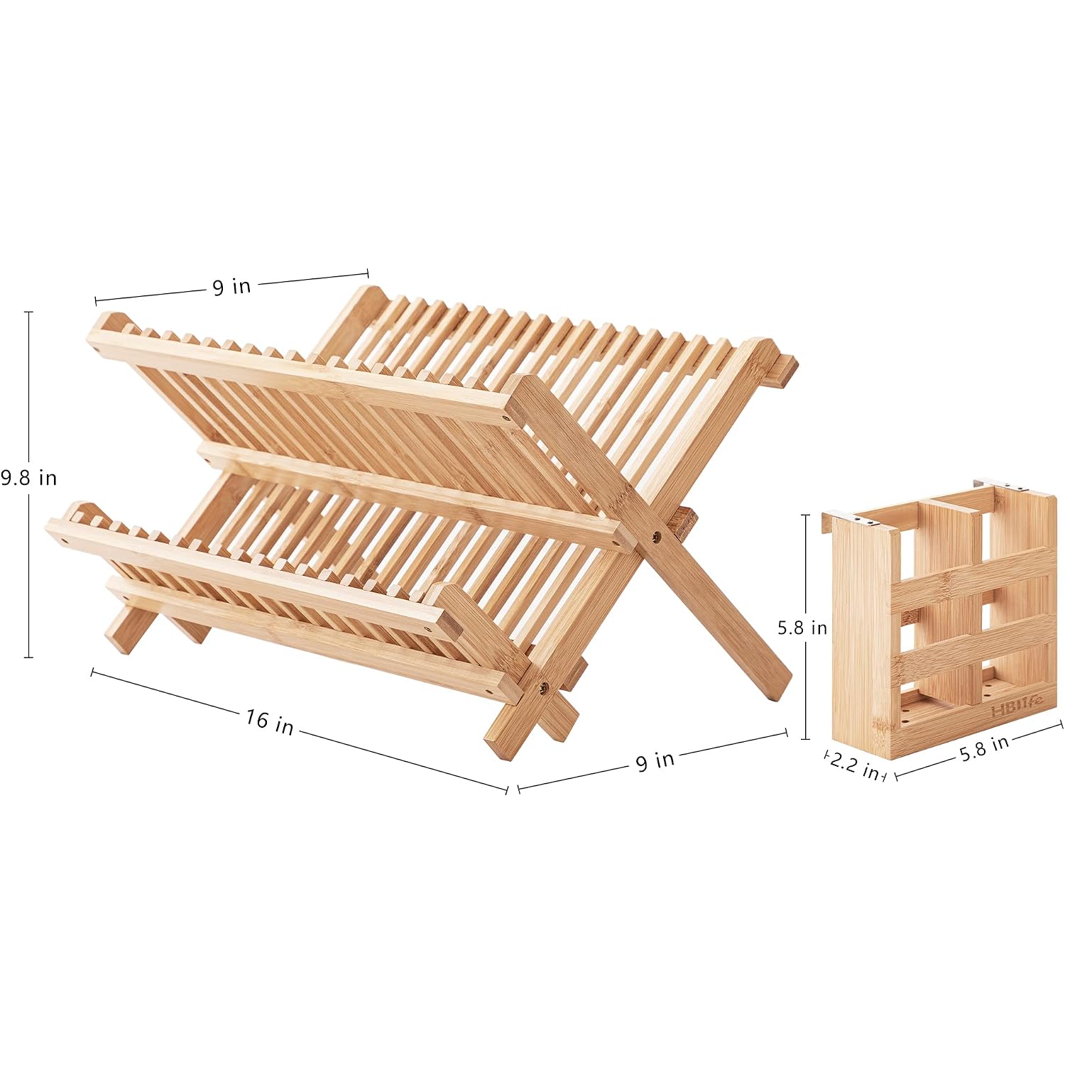 Hblife Dish Rack, Bamboo Folding 2-Tier Collapsible Drainer Dish Drying Rack With Utensils Flatware Holder Set (Dish Rack With Utensil Holder)