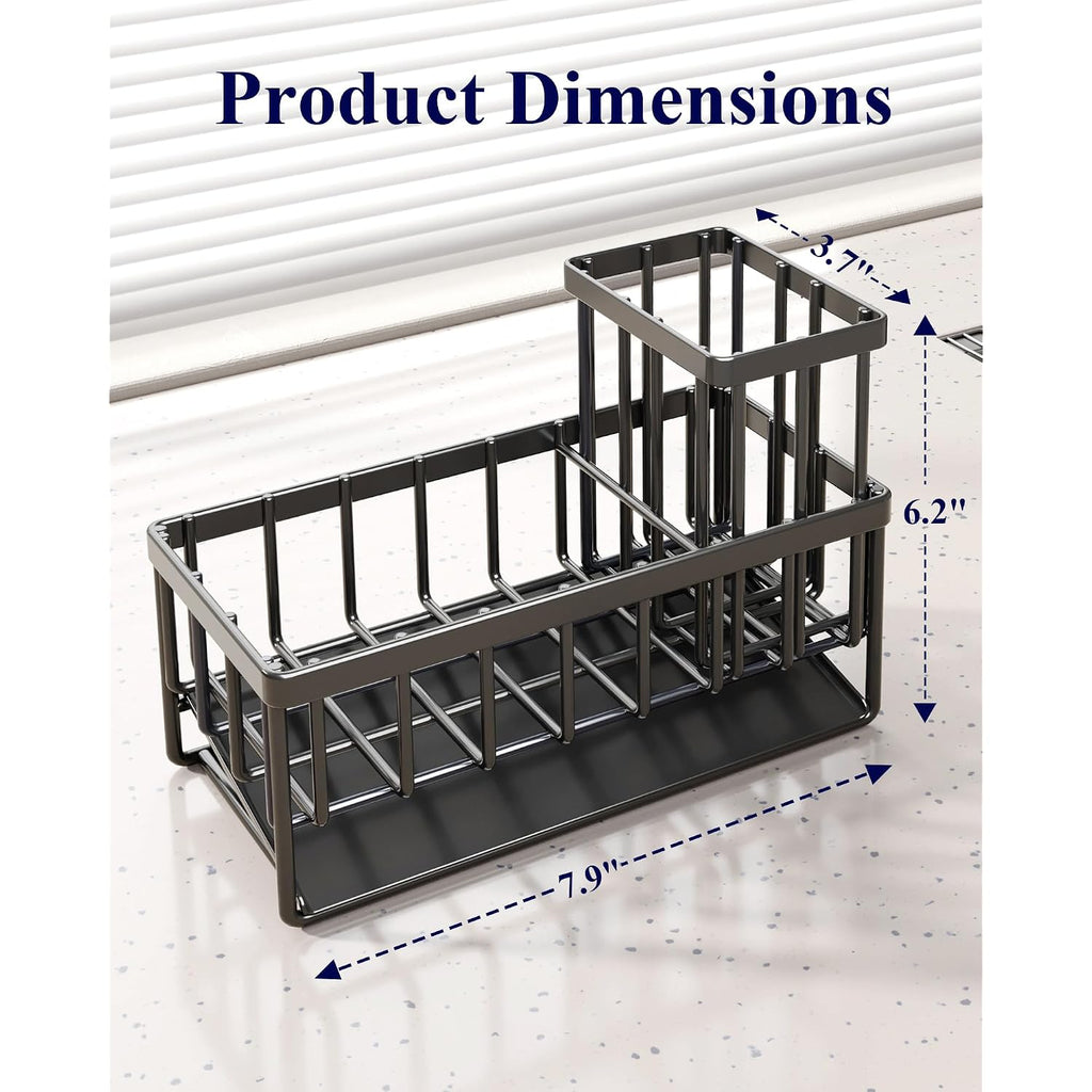 Kitsure Sponge Holder For Kitchen Sink - Rustproof Stainless Steel Sink Caddy Organization And Storage Essentials With High Brush Holder, Home Decor Accessories, 7.9" X 3.7" X 6.2", Black