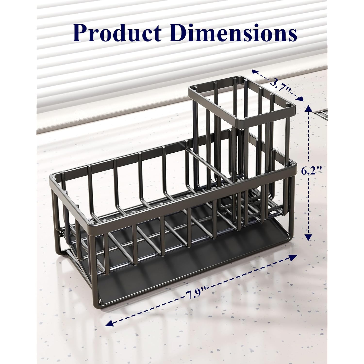 Kitsure Sponge Holder For Kitchen Sink - Rustproof Stainless Steel Sink Caddy Organization And Storage Essentials With High Brush Holder, Home Decor Accessories, 7.9" X 3.7" X 6.2", Black