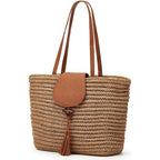 Summer Hand-Woven Straw Shoulder Bags For Women Large Woven Beach Tote Purse Vacation Top Handle Handbags With Tassel