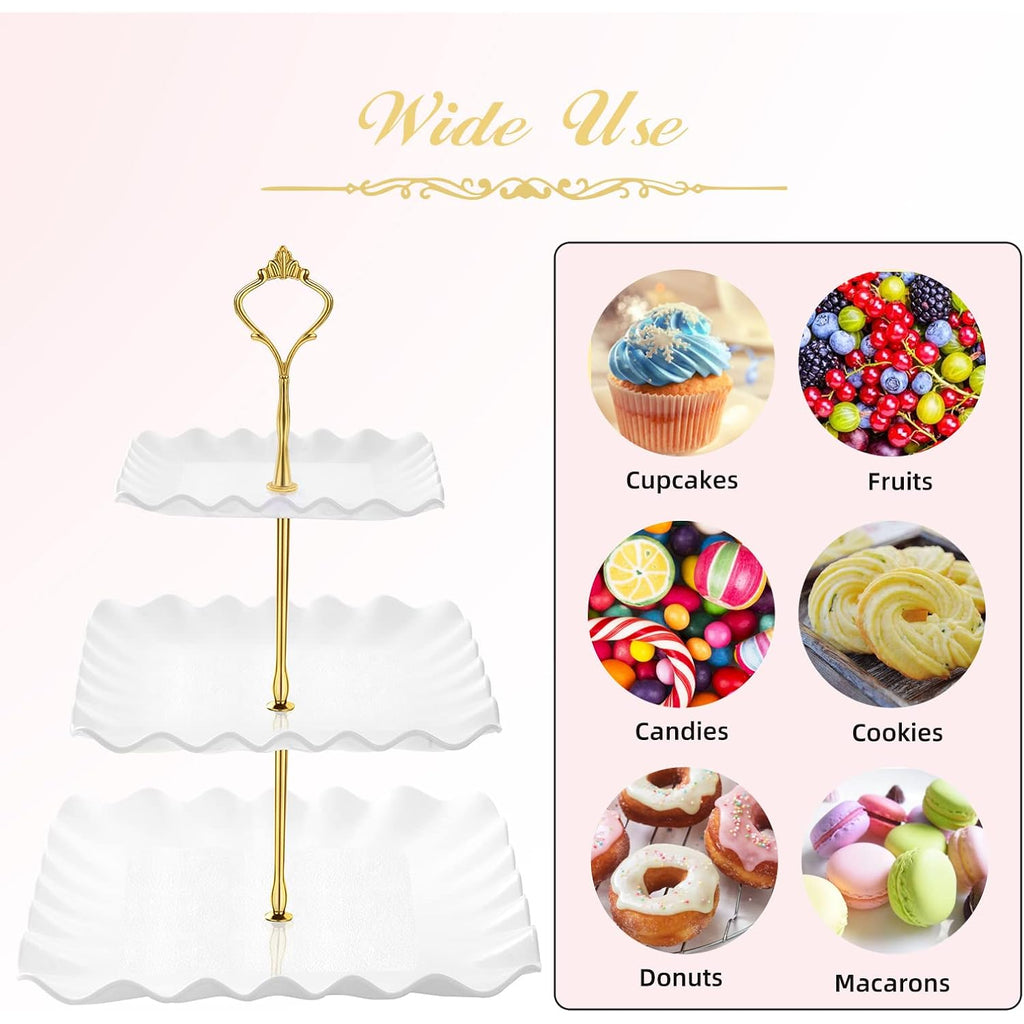 DAFURIET Dessert Cupcake Stand, 3 Tier Cup Cake Holder Tower for Tea Party/Birthday/Wedding, Plastic Tiered Serving Tray with Metal Rod, White