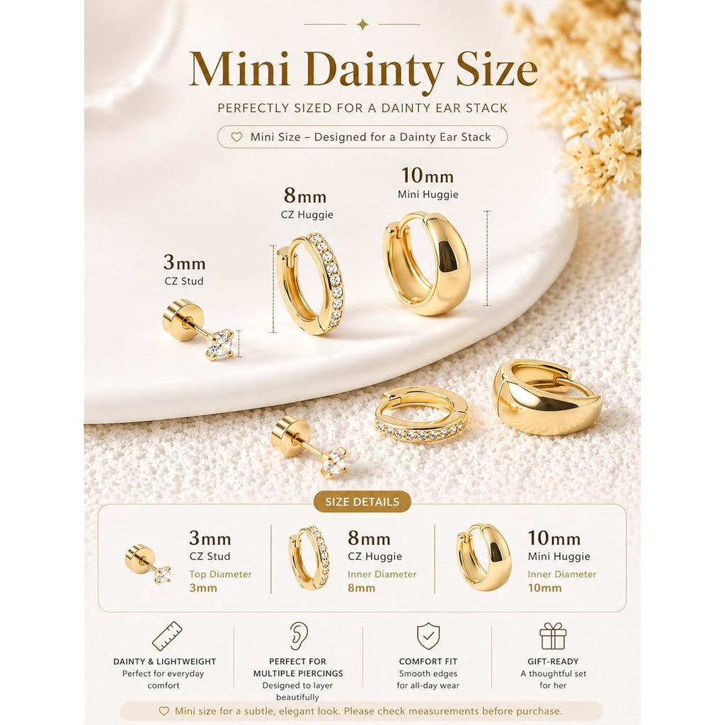 Gold Earring Stack for Women, 3 Pairs 14K Gold Plated Small Huggie Hoop & CZ Stud Earrings Set, Hypoallergenic Dainty Earrings for Multiple Piercings, Second Hole Cartilage Earrings