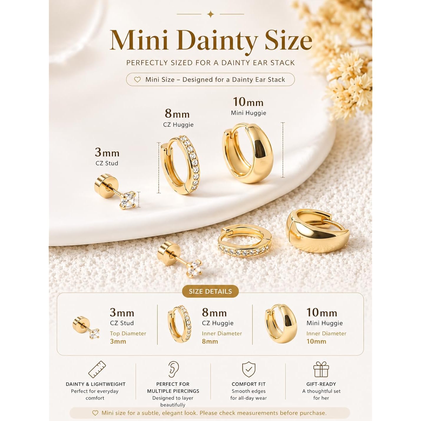 Gold Earring Stack for Women, 3 Pairs 14K Gold Plated Small Huggie Hoop & CZ Stud Earrings Set, Hypoallergenic Dainty Earrings for Multiple Piercings, Second Hole Cartilage Earrings