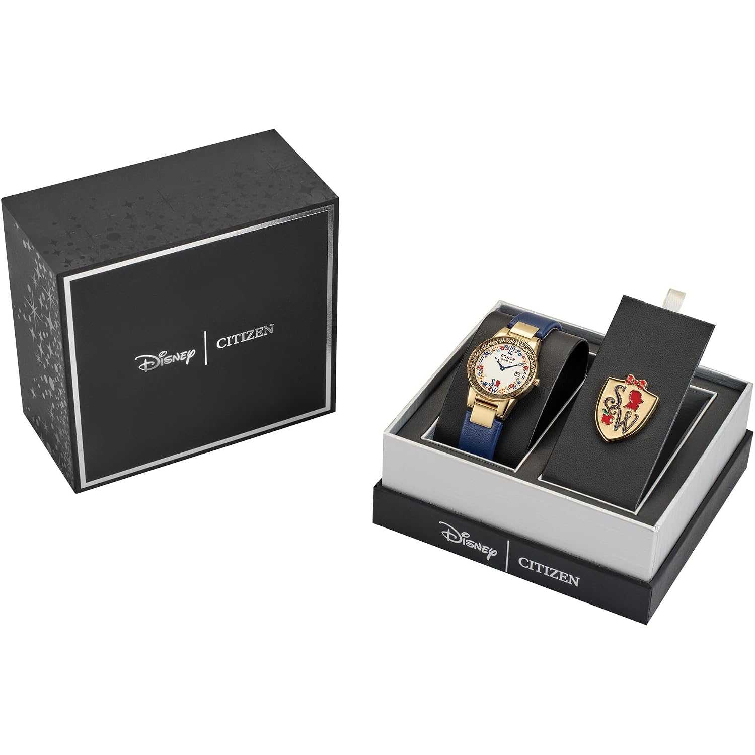 Citizen Ladies' Eco-Drive Disney Princess Snow White Gold Stainless Steel Case With Blue Leather Strap Watch And Pin Gift Set, Pale Gold Dial, Date (Model: Ga1079-41W)
