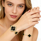 2 Pieces Women Gold Watch Bracelet Set Lucky Clover Bracelet Watch Jewelry Set 18K Gold Plated Wristwatch Flower Design Four Leaf Bracelets for Women