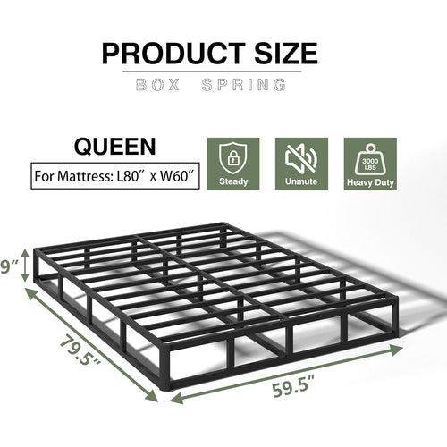 9 Inch Box Spring for Queen Bed, Heavy Duty Metal Mattress Foundation, 3000 lbs Capacity, High Profile, Noise-Free, Easy Assembly with Fabric Cover