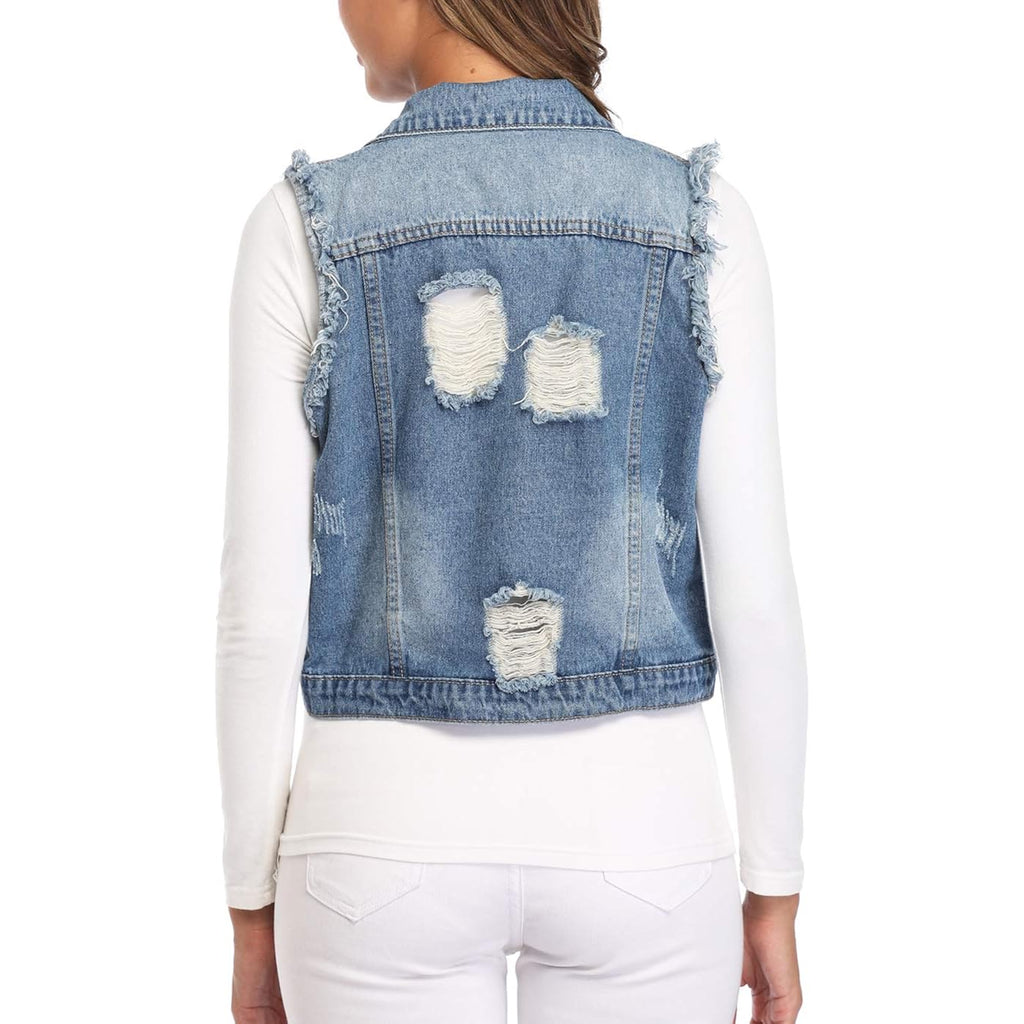 Miss Moly Women'S Ripped Denim Vest Cropped Distressed Classic Sleeveless Jean Vest Jackets With Flap Pockets